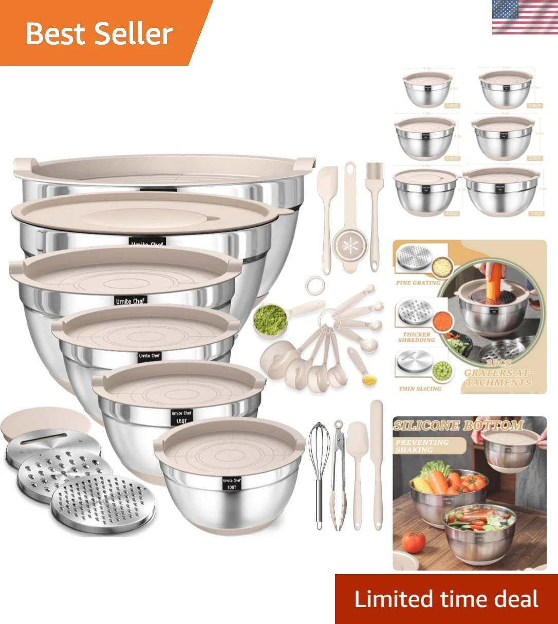 Mixing Bowls with Airtight Lids Set, 26PCS Stainless Steel Khaki Bowls with G...