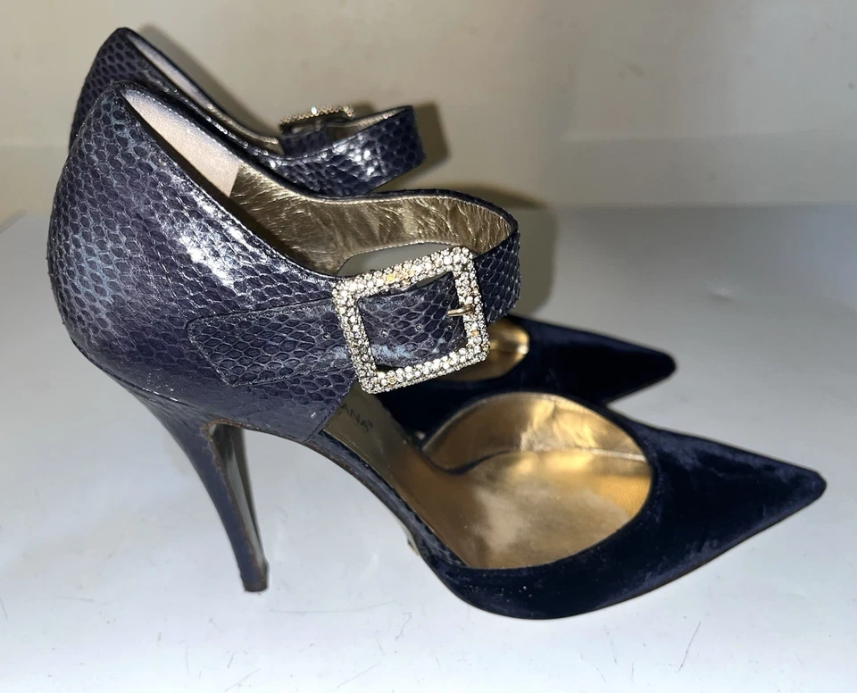 Dolce & Gabbana Azul Marino Terciopelo y Pitón Tacones con Correa al Tobillo Talla 39 Hecho en Italia Foto 2 de 4