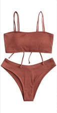 Zaful Textured Ribbed Cinched Dual Strap Bikini Swimsuit Size US 8