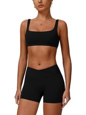 Workout Sets for Women Square Neck Sports Bra Crossover Waist Scrunch Butt Li...