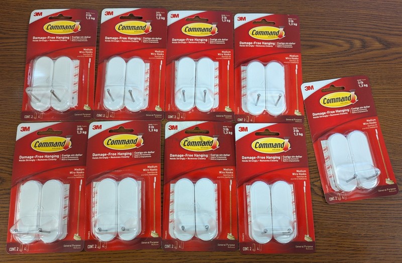 LOT OF 9 3M COMMAND 2CT  MEDIUM WIRE HOOKS NEW IN PACKAGE