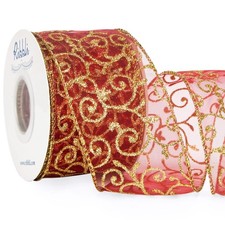 Swirl Glitter Wired Ribbon 2-1/2 Inch 10 Yards, Burgundy Organza Gold Decor