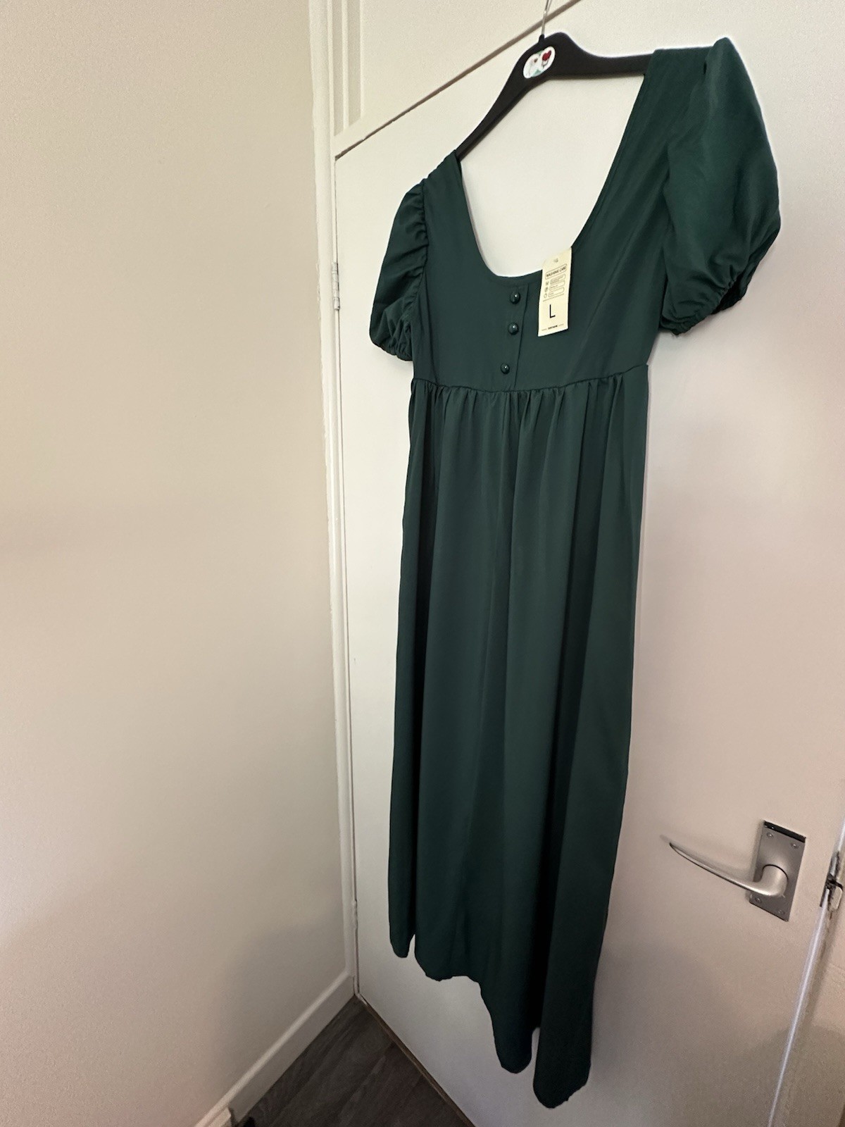 Maxi Vestido Damas Verde Botella Talla Grande Manga Corta Abullonada Cintura Elástica