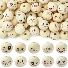 100pcs Wooden Beads with Face 20mm Round Smiling Face Wood Spacer Beads for DIY