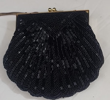 Vintage Carla Marchi Evening Bag Black Handmade Beaded Clamshell Kisslock 6 in