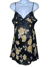 Vtg Victoria  s Secret 90s Chiffon Slip Dress Gold Rose Lace Whimsy MEDIUM Mini