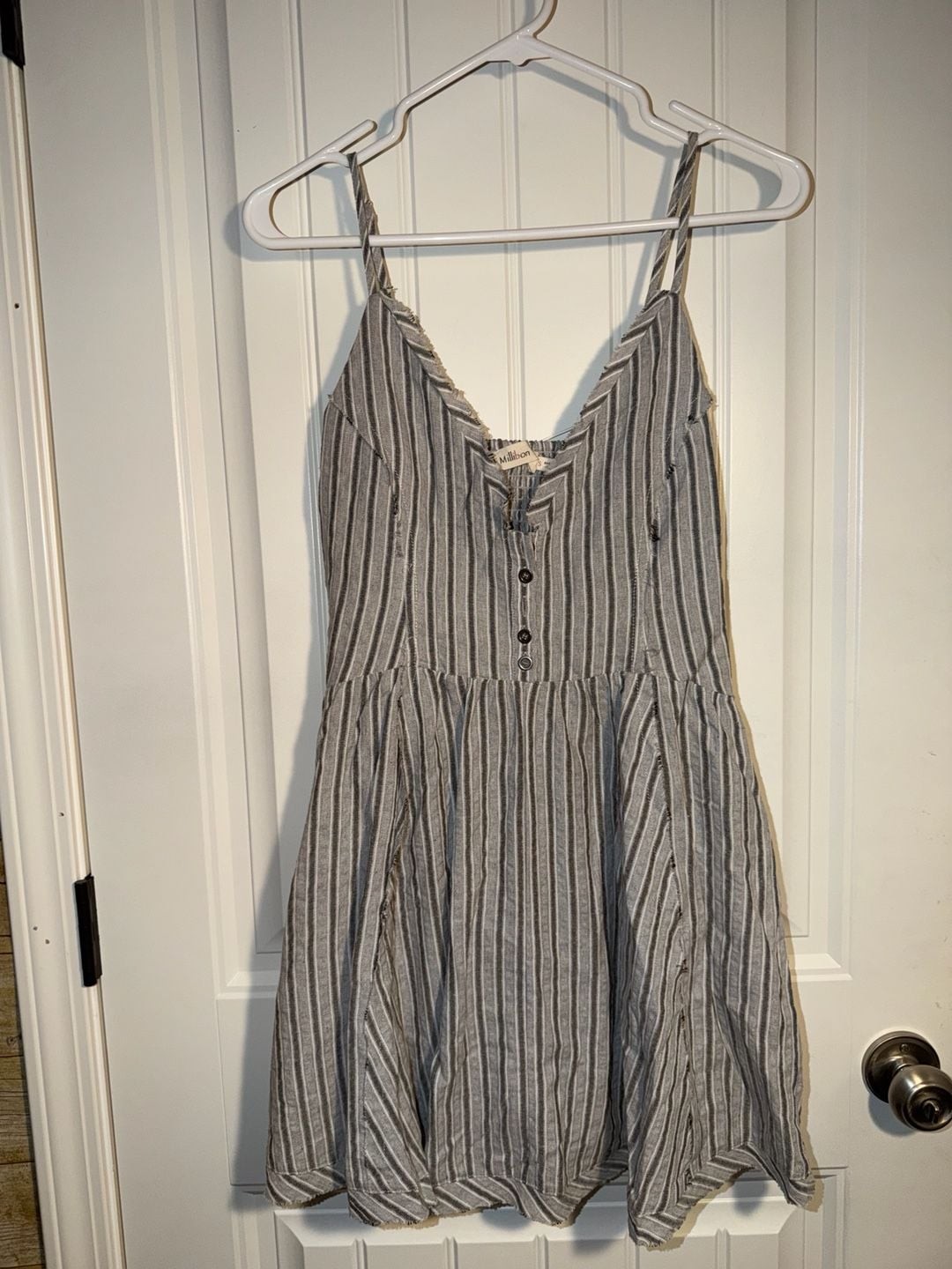 Millibon Grey and White Striped Button-Front Mini Dress with Frayed Edges, photo 2