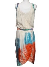 Leifsdottir Silk Midi Dress 12 Peacock Feather Sleeveless Wrap Style Anthropolog