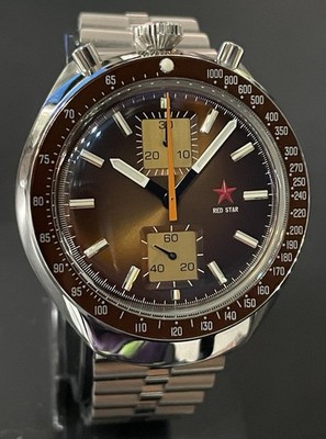 Red Star Bullnose Chronograph Watch Brown Dial NIB