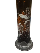 Vintage Amber Glass Candle in Metal Base  Winter Mill Scene 