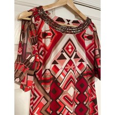 Chicos Geometric Print Dress Split SleeveS 4 Beaded Stretch Bold Red Statement
