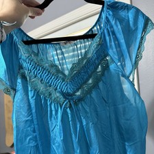Vtg women s nightgown Maxi House Dress Slip Turquois M/L lingerie Nylon Lace 90s