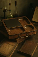 Vintage Wooden Serving Tray w/ Stone Hot Plate Insert Copper Trim Mid Century