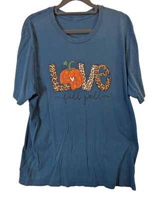Love Fall Y all Leopard Pumpkin size L T-Shirt Blue Thanksgiving Top Autumn