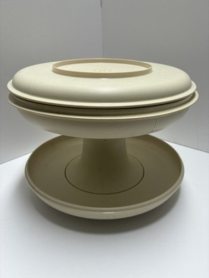 Vintage Tupperware Serve It All Pedestal Plate Stand Complete Set #1532 Almond