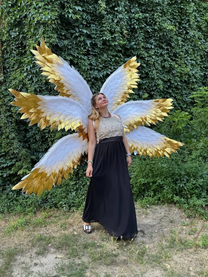 White and Gold Angel Costume with 6 Wings Six Wings Costume Photo Shoot - Image 3 of 4