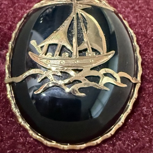 Vintage 14k Gold & Rauchquarz großer ovaler maritimer Schoner Schiff Boot Anhänger - Bild 3 von 9