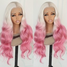 Pink Lace Front Wigs Ombre White Color Glueless Body Wave Hair Women Party Use