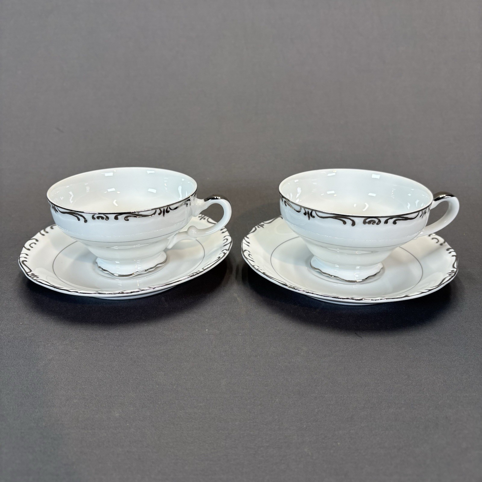 Empress China Regent Platinum Trim Scrolls Tea Coffee Cups and Saucers Set of 4