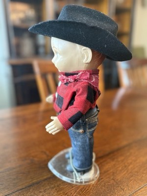 Vintage Buddy Lee Doll, Black Hat, Red Plaid Shirt, Blue Jeans
