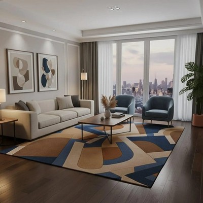 Hand Tufted Wool Abstract Rug: Navy Blue, Brown Geometric 5x8 Living Room Carpet