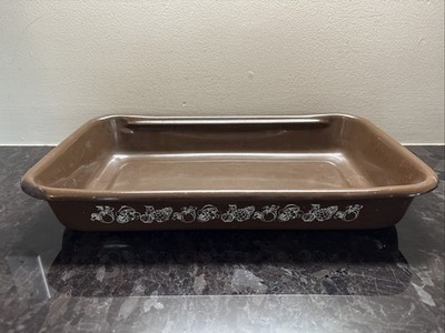Vintage Mid Century Cera-Met Baking Pan Brown Enamel Mushrooms Vegetables 16x10 