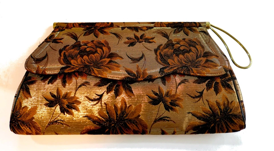 Cartera sin asas vintage años 60 Lennox bolsos metálicos bronce rockabilly tapiz floral Foto 3 de 4