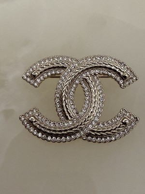 Original Chanel CC Logo Brosche Anstecknadel Gold Kristall