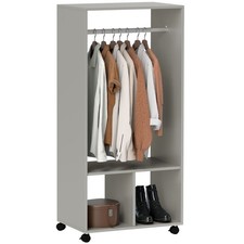 Grey Rolling Wooden Open Wardrobe Hanging Rail 3 Shelves Small Clothes Storage