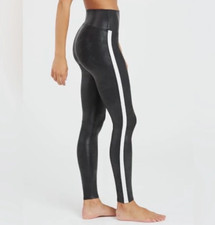 SPANX Faux Leather Tuxedo Stripe Black High-Rise Leggings Shapewear Sporty M
