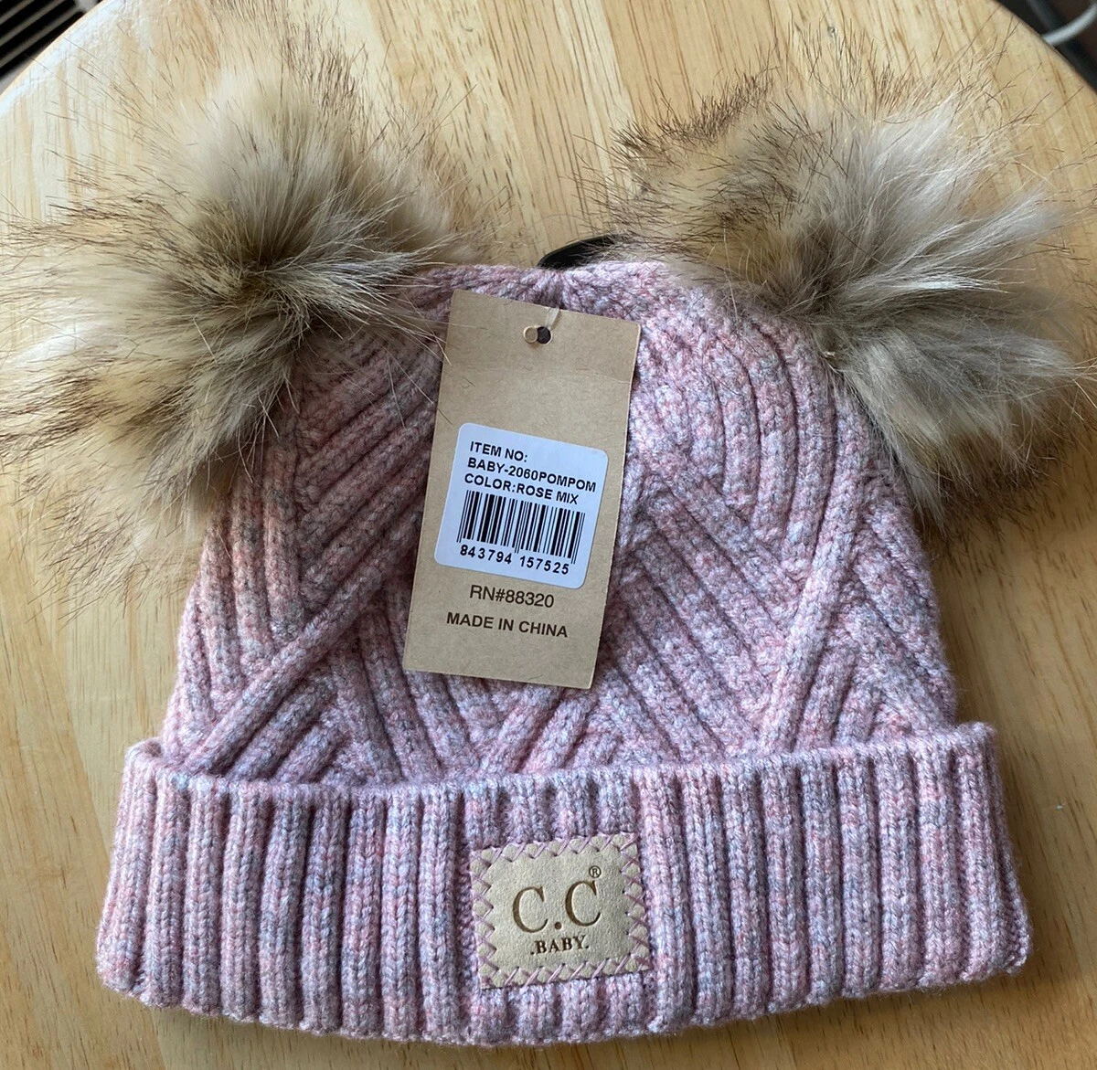 C.C Baby Beanie Knit Hat With Faux Fur Pom Pom, One Size, NWT, Rose Mix