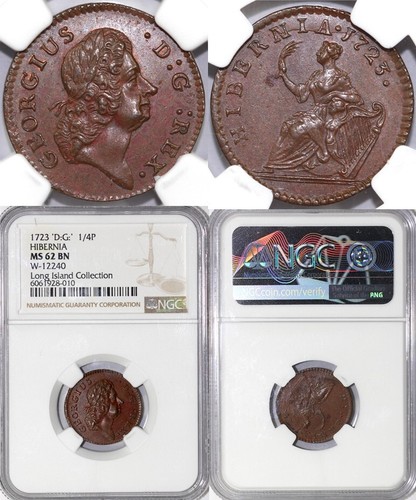 1723 1/4 "D:G" W-12240 Hibernia Colonial Coin NGC MS 62 - Picture 5 of 5