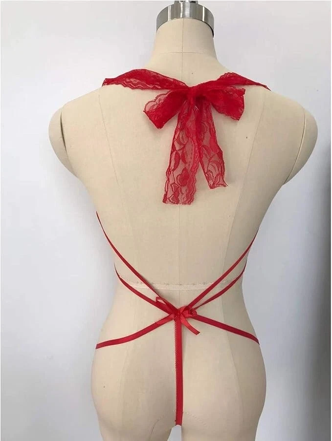 Sexy Halter Frontal Estrás Anillos Arco Trasero Tanga Parte Inferior Peluche Rojo Blanco y Negro Foto 2 de 4