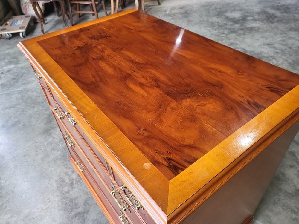 Antique repro Yew small chest of drawers 4 drawers bracket feet brass