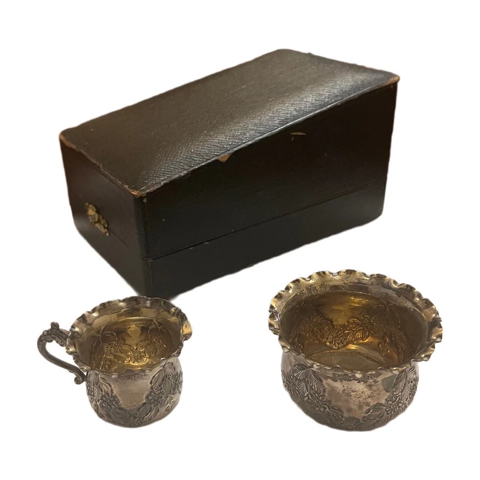 Antiguo juego de dos azúcares y cremas inglesas de plata de ley de H.J. C&C Company Foto 2 de 4