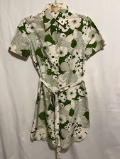 Trina Turk Dress w/belt Sz 6 Green & Cream Cotton/Silk Shirttail Hem Made in USA