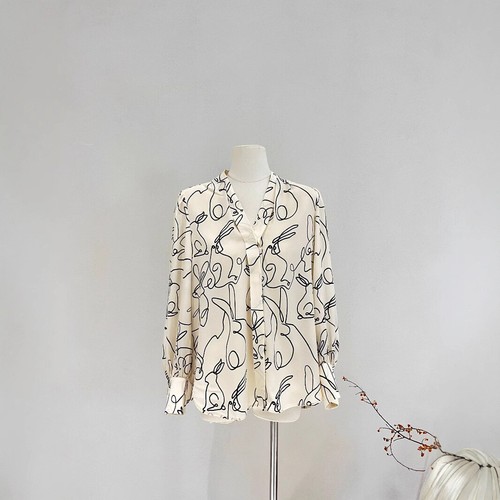 Silk Shirt Women's New Printed V-Neck Long Sleeve 100% Mulberry Silk Top Blouses