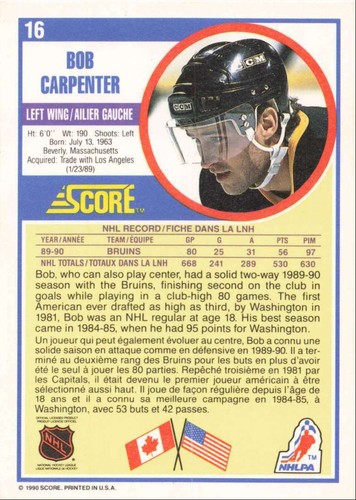 1990-91 Score Canadian Bobby Carpenter Boston Bruins #16 - Picture 2 of 2