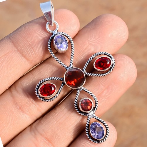Pendentif Croix En Argent Sterling 925 Avec Grenat Et Labradorite - Bijou Homme, Fait Main, Neuf Sans Emballage
