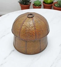 Vintage Wooden Round Kum Kum Powder Tika Box Original Old Brass Fitted