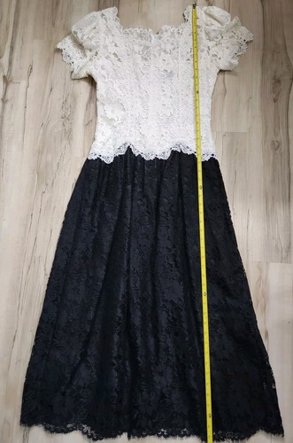 VTG 80’s 90s Cachet Bari Protas Black White Lace Drop Waist Puff Sleeve Dress M - Picture 13 of 16