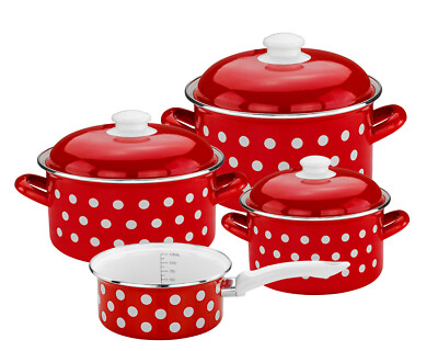 Bemus Emaille Kochtopf-Set DOTS 7tlg., rot mit weißen Punkten