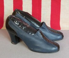 Vintage 1940s Blue Black Leather Heels Womens Shoes Pumps 9" Length Nice Sz.6
