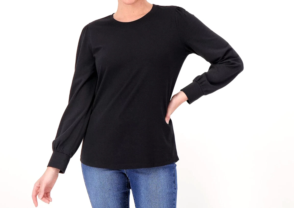 Denim & Co. Jersey Round Neck Full Sleeve Curved Hem Top- BLACK, SIZE 2X