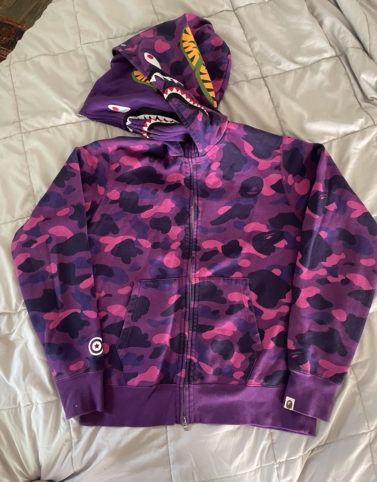 BAPE Color Camo Tiger Shark Wide Full Zip Double Hoodie Purple | eBay