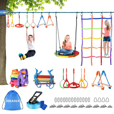 50FT Ninja Warrior Obstacle Course Monkey bar Slackline Swing Kids Playset 250lb