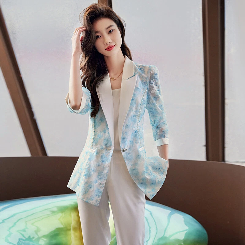 Women's Suit Coat Printed Mesh Suit Jacket Thin Summer One Button Casual Jackets - Image 2 of 4
