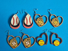 Four Pairs Of Sports Earrings Baseball Softball Hearts