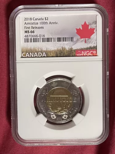 2018 CANADA $2 TOONIE NGC MS66 ENGRAVED POPPY ARMISTICE TWO DOLLAR FIRST RElEASE