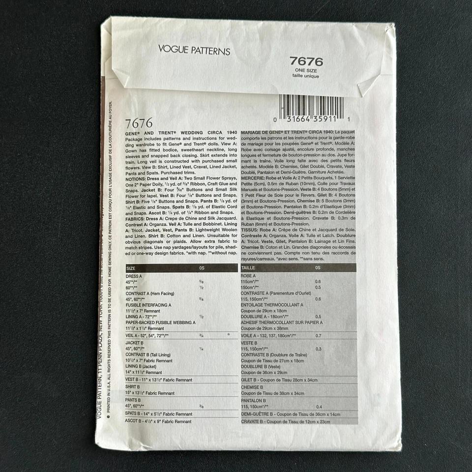 Vogue Doll Collection Pattern 7676 15.5" Gene Trent Doll Wedding Dress Tux 1940s - Image 4 of 4